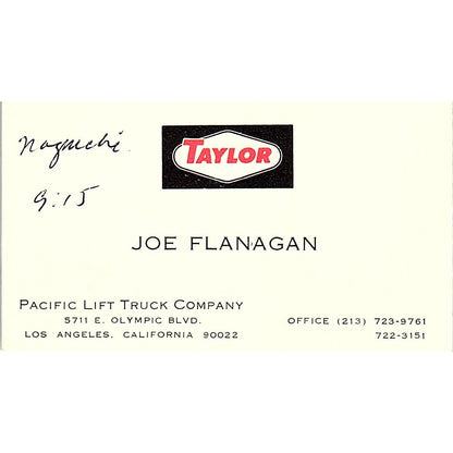Pacific Lift Truck Co Joe Flanagan Los Angeles CA Vintage Business Card SB4-B4