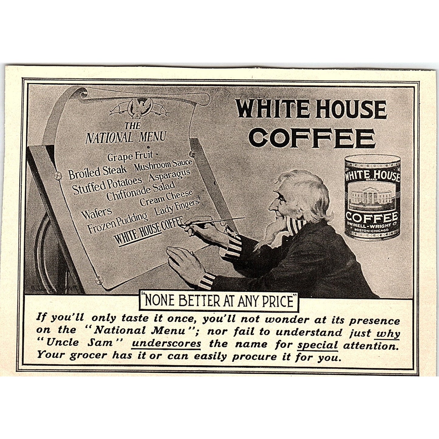 White House Coffee Antique Newspaper Ad Uncle Sam National Menu 4x5 V19