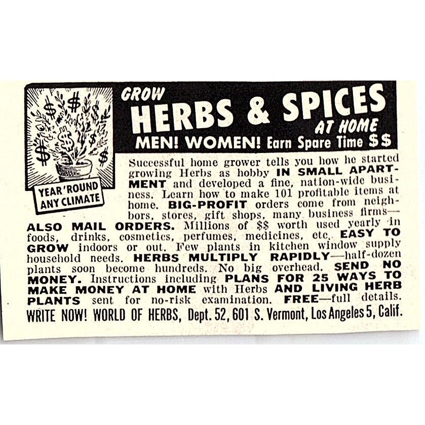 Grow Herbs & Spices At Home World of Herbs Los Angeles CA 1955 Ad AF9-S3