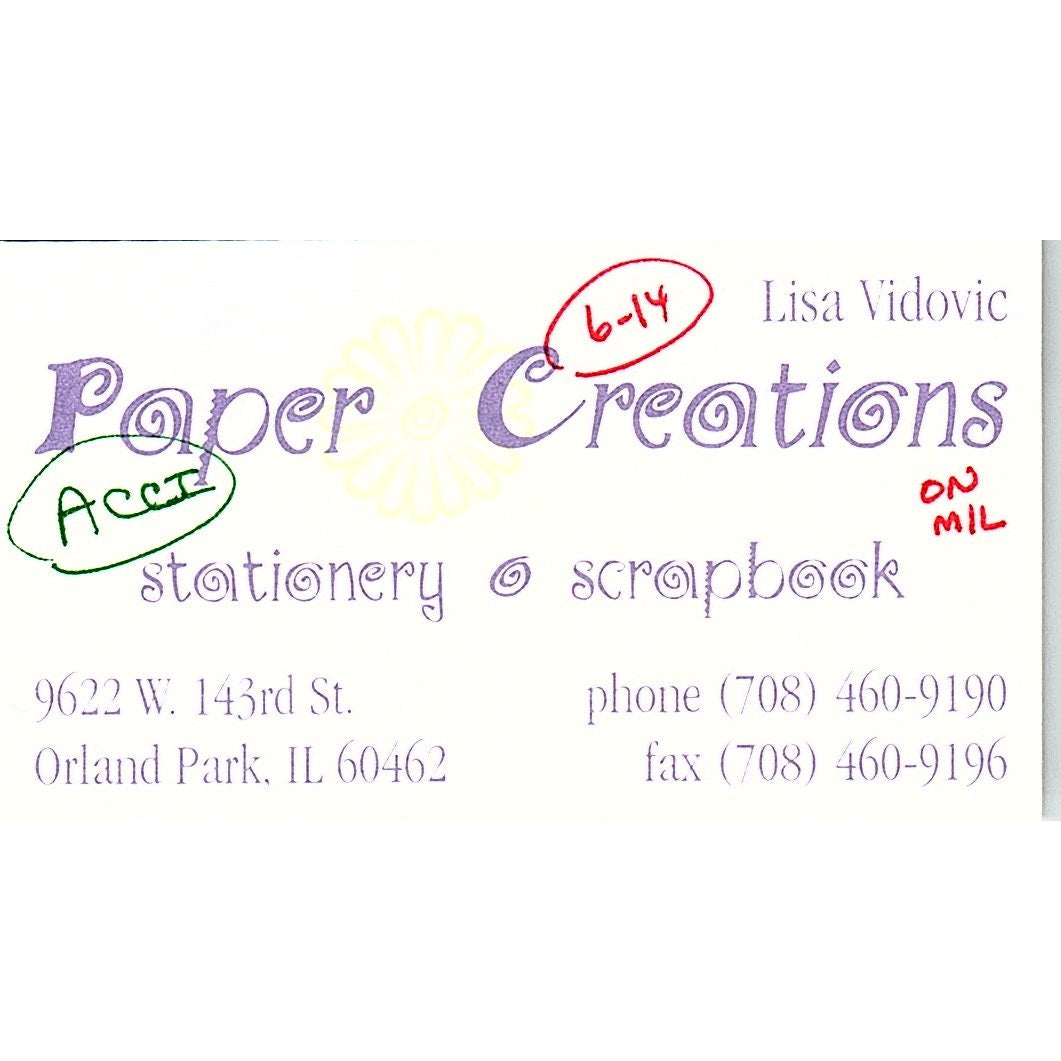 Lisa Vidovic Paper Creations Orland Park IL Vintage Business Card SC9-B8