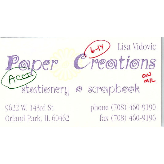 Lisa Vidovic Paper Creations Orland Park IL Vintage Business Card SC9-B8