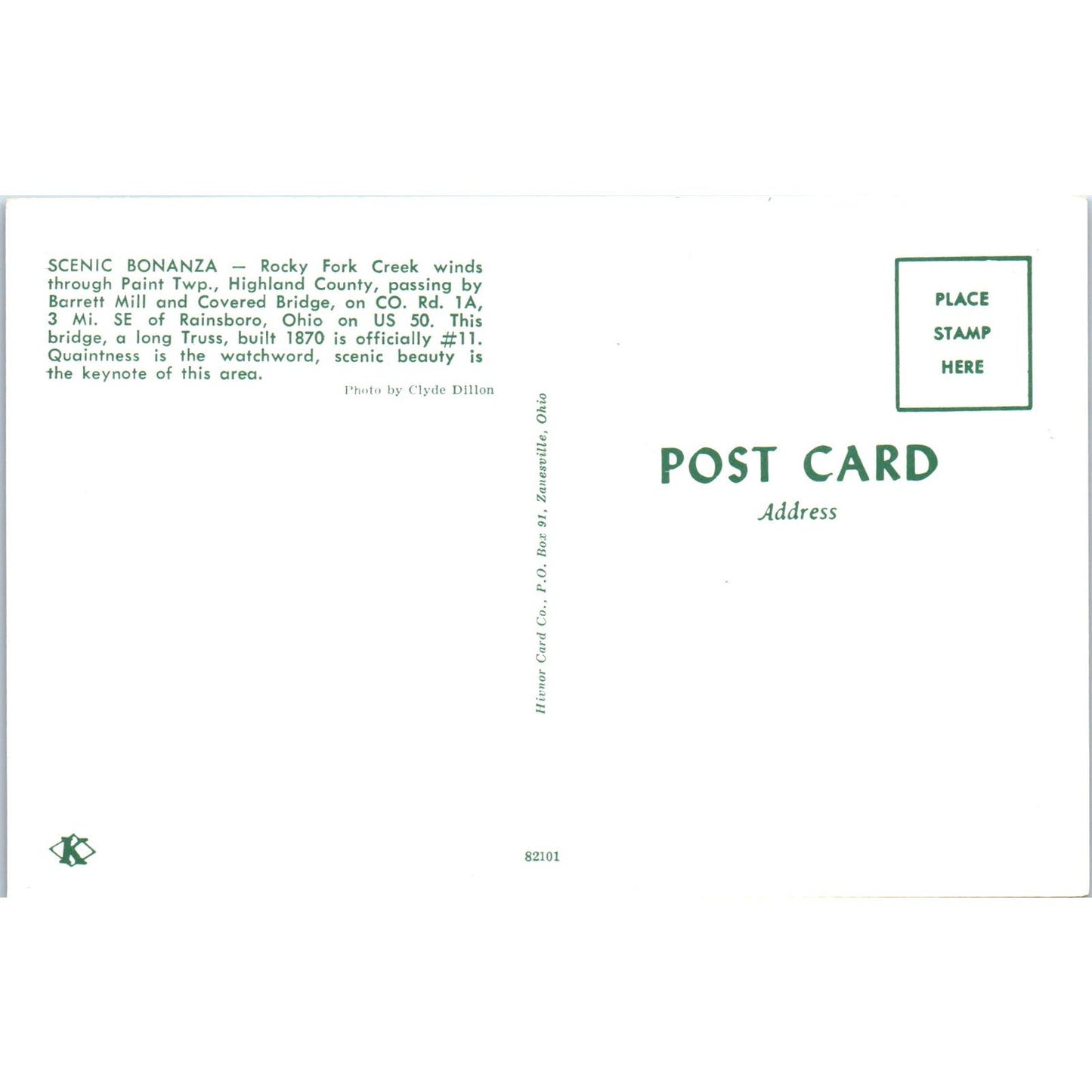 Rocky Fork Creek Barrett Mill Rainsboro Ohio Covered Bridge Postcard PB10