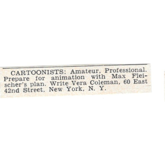 Cartoonists Wanted Max Fleischer Vera Colman New York NY 1955 Ad AG1-S3