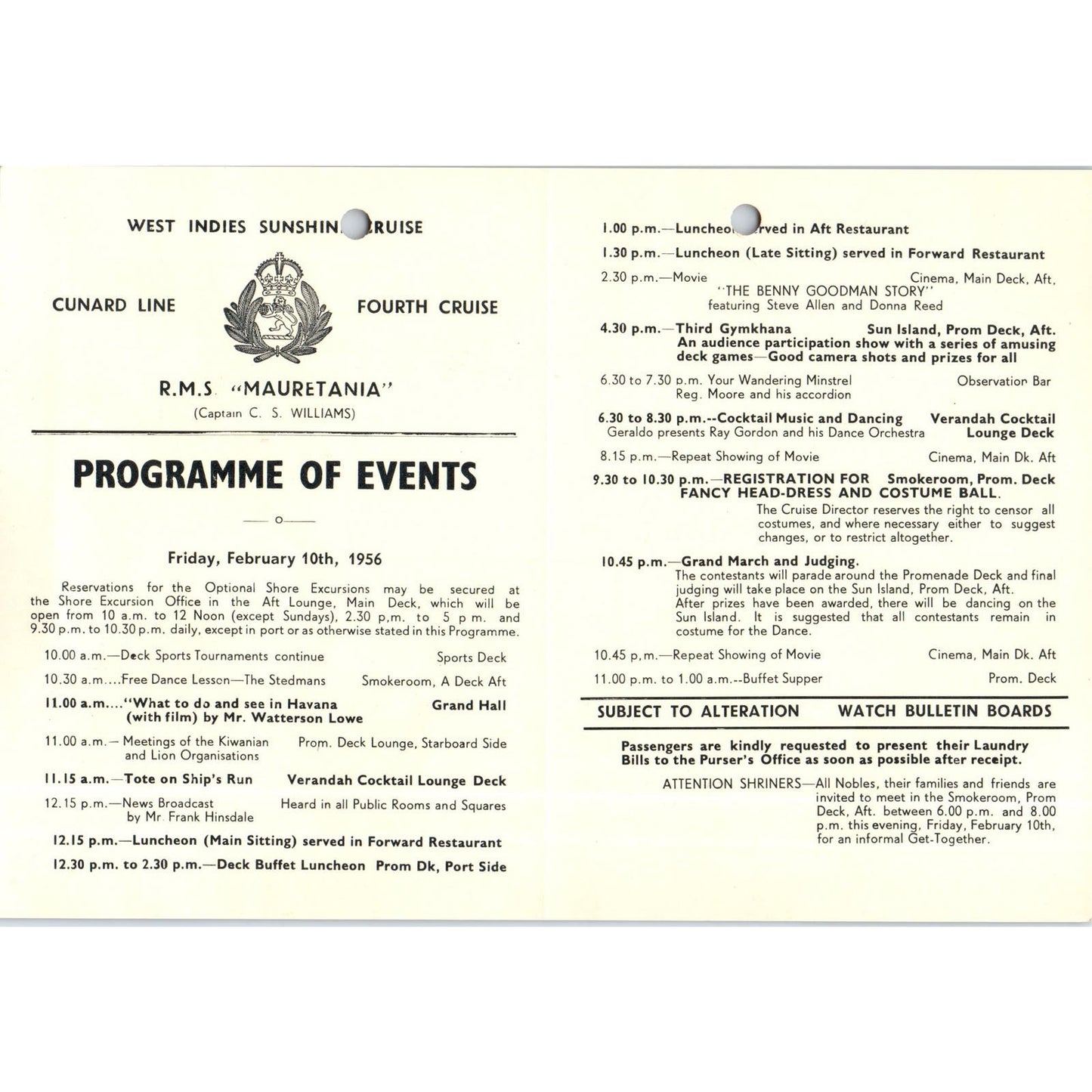 1956 Feb 10th RMS Mauretania Cunard Line Program Capt. C.S. Williams AB9