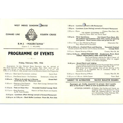 1956 Feb 10th RMS Mauretania Cunard Line Program Capt. C.S. Williams AB9