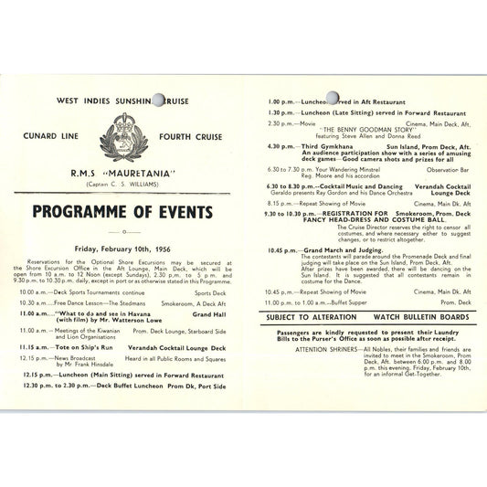 1956 Feb 10th RMS Mauretania Cunard Line Program Capt. C.S. Williams AB9