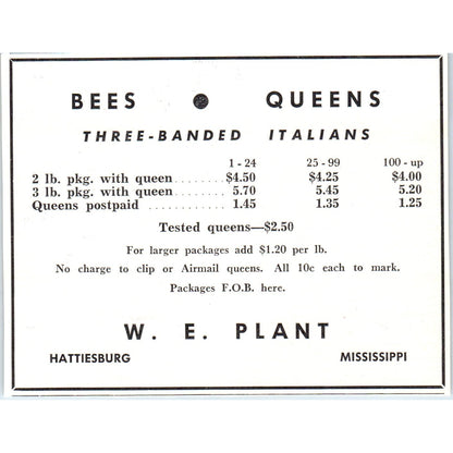 Bees Queens Italians W.E. Plant Hattiesburg Mississippi 1961 Magazine Ad AB6-LB