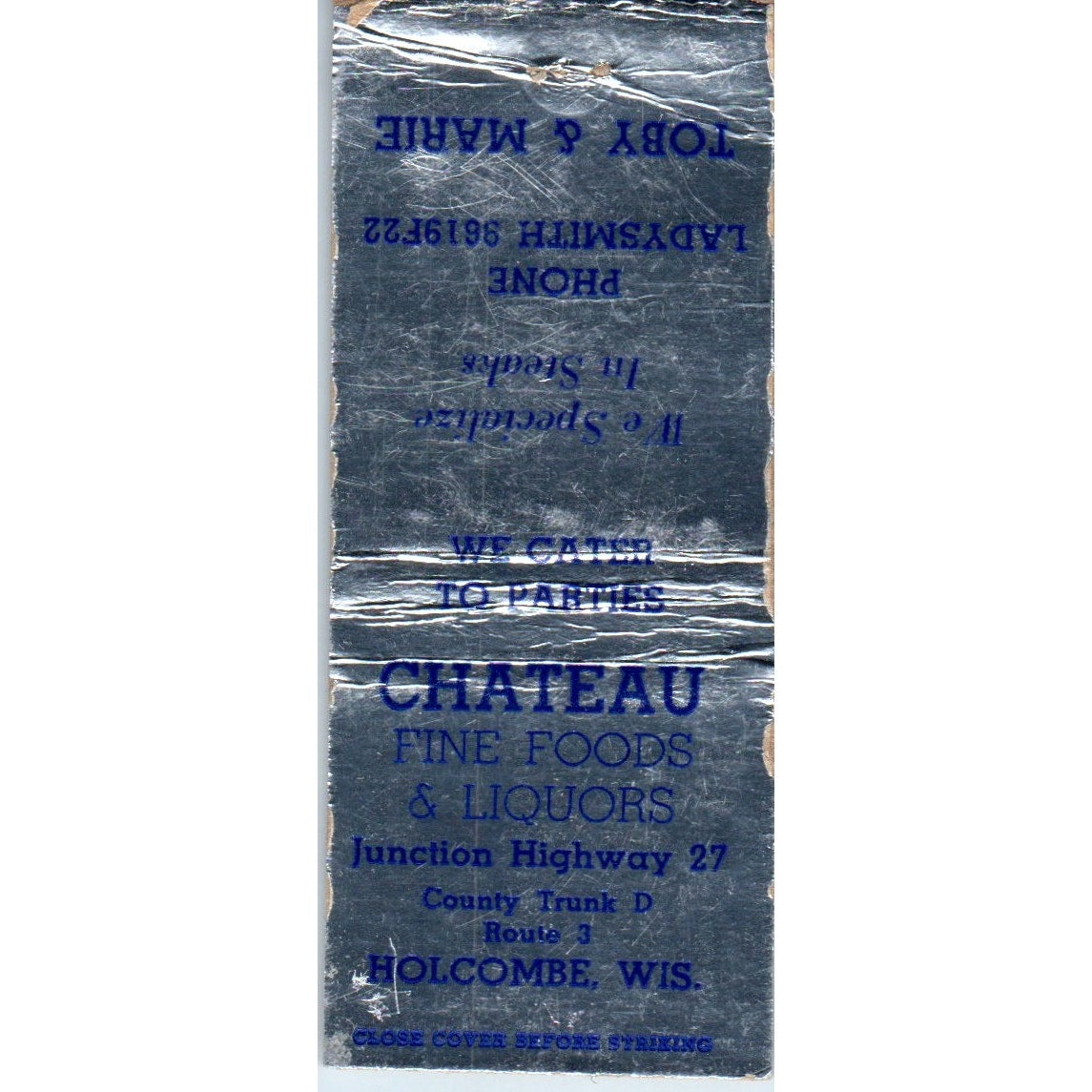 Tony's Tavern Commercial Hotel Koolmotor Gas Mondovi WI Vtg Matchbook SD2-Y10