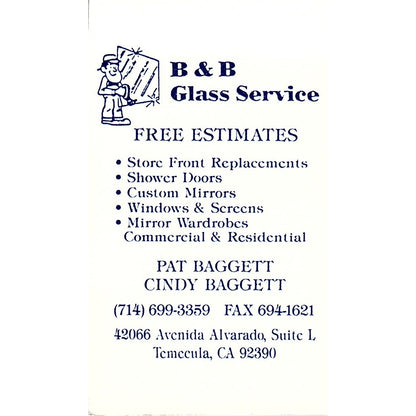 B&B Glass Service Cindy & Pat Baggett Temecula CA Vintage Business Card SC9-B9