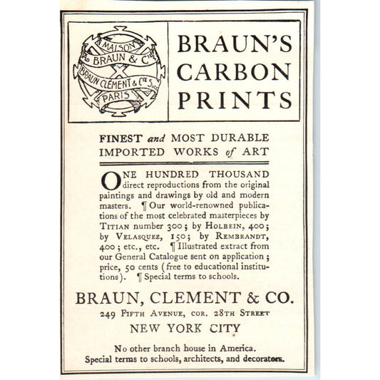 Braun's Carbon Prints Braun Clement & Co NY c1905 Victorian Ad AE9-MA5