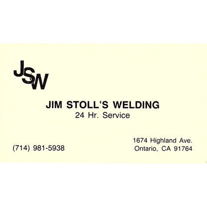 Jim Stoll's Welding JSW Ontario CA Vintage Business Card SC9-B12