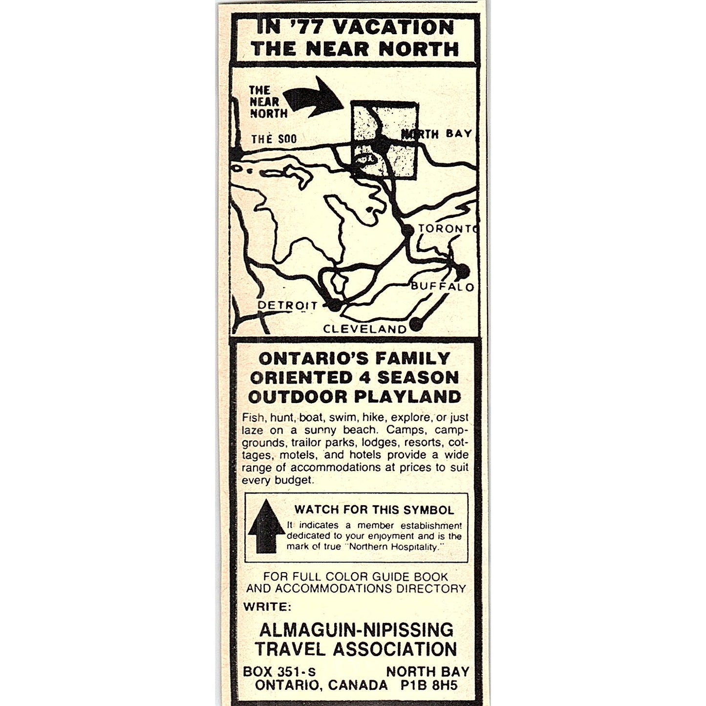 Almaguin-Nipissing Travel Association North Bay Ontario Canada 1977 Ad AF6-5