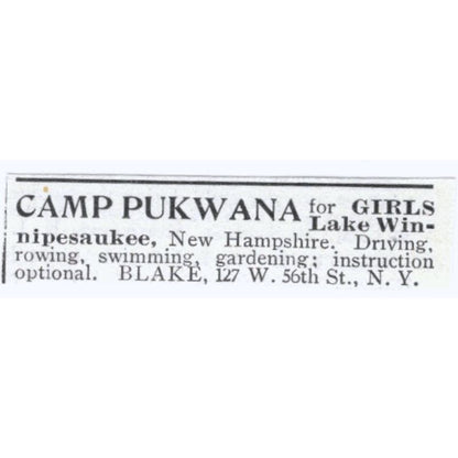 Camp Pukwana Lake Winnipesaukee NH c1918 Original Advertisement AE5-SV3
