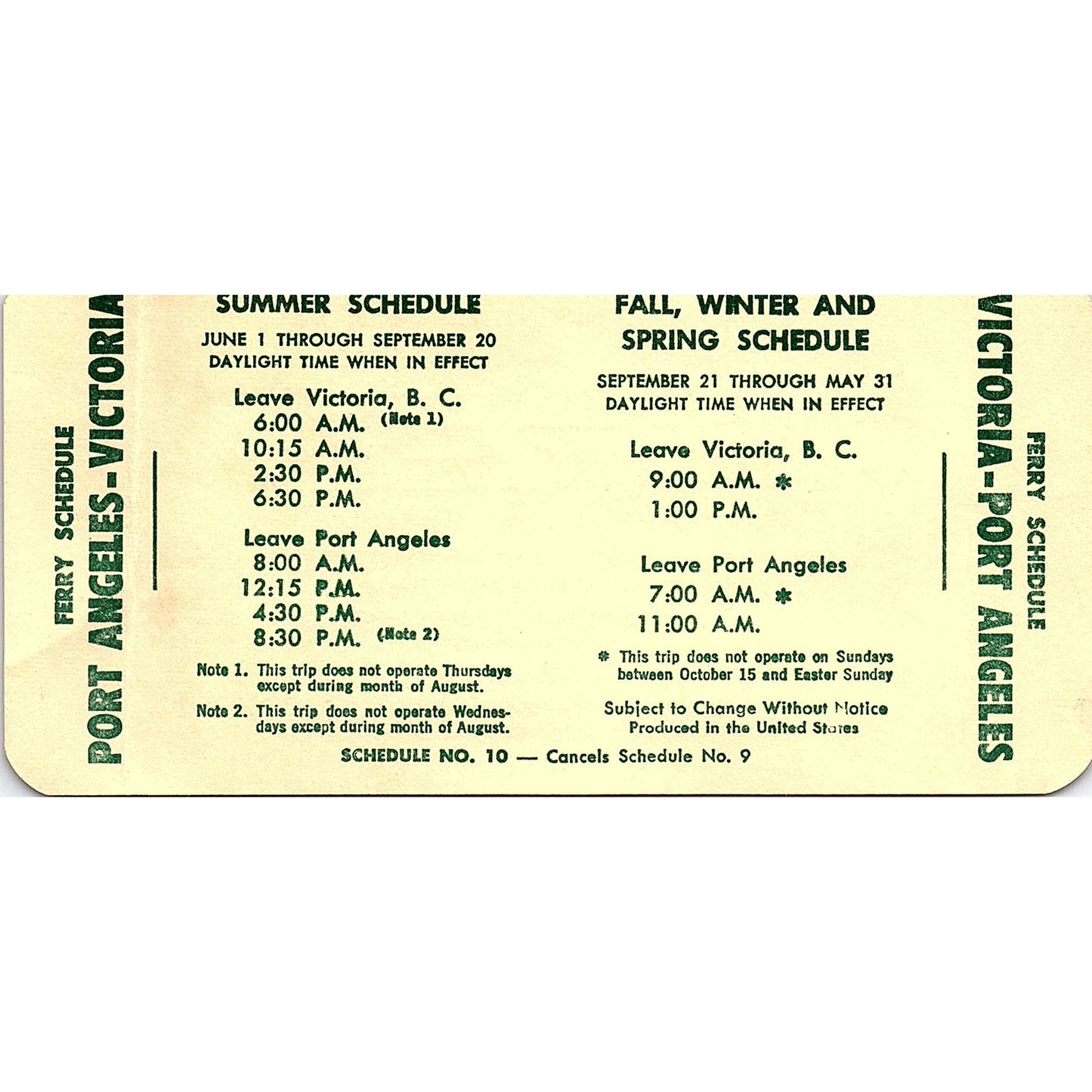 1968 Victoria Port Angeles Ferry Schedule 1960s Travel Leaflet TH2-TB4