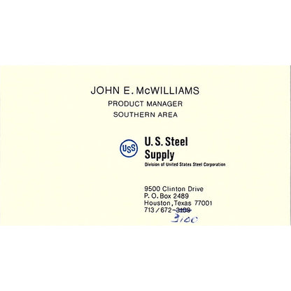 John E McWilliams USS US Steel Houston Vintage Business Card SE5-B1