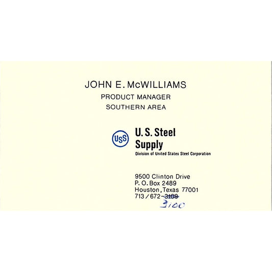 John E McWilliams USS US Steel Houston Vintage Business Card SE5-B1
