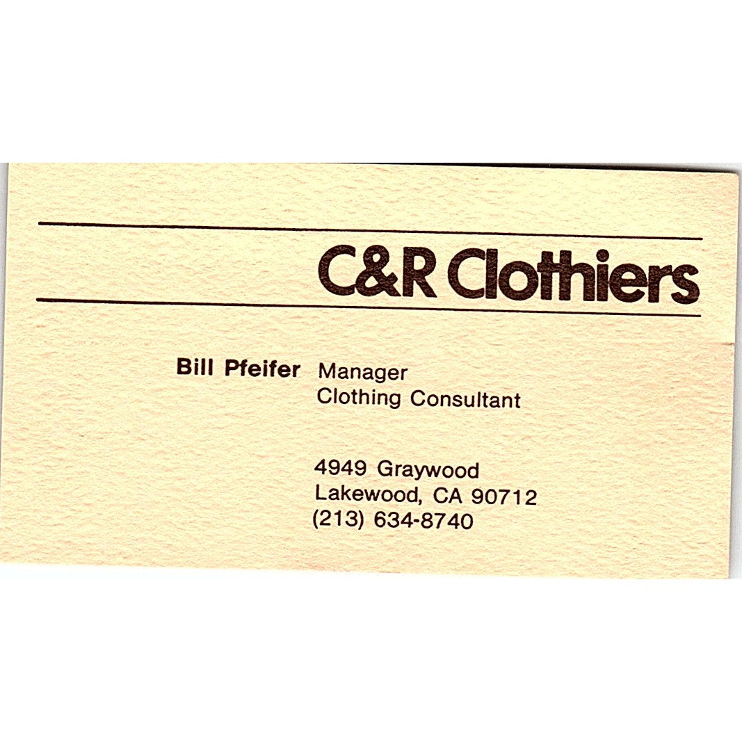 Bill Pfeifer C&R Clothiers Lakewood CA Vintage Business Card SD9-B9