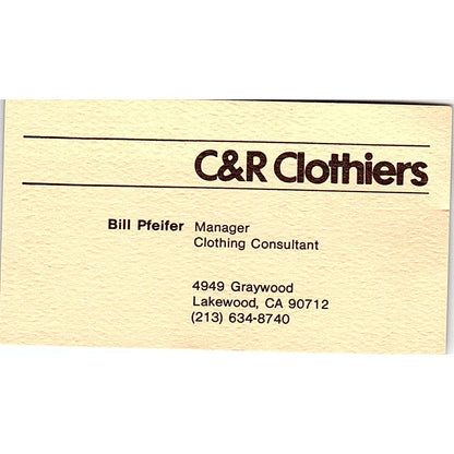 Bill Pfeifer C&R Clothiers Lakewood CA Vintage Business Card SD9-B9