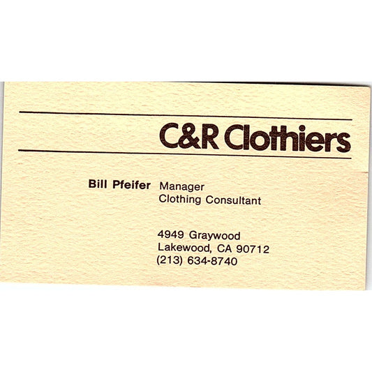 Bill Pfeifer C&R Clothiers Lakewood CA Vintage Business Card SD9-B9