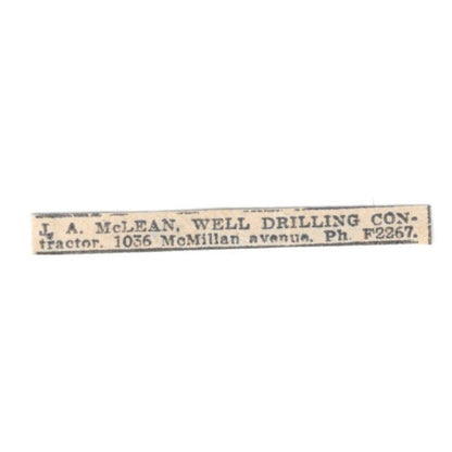 J.A. McLean Well Drilling Contractor McMillan Ave Winnipeg 1920 Ad AG2-S10