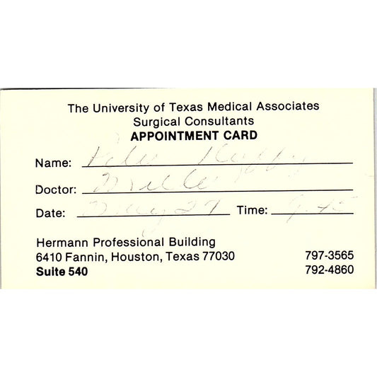 University Of Texas Medical Associates Houston TX Vintage Business Card SB4-B2