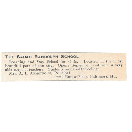 The Sarah Randolph School for Girls A.L. Armstrong Baltimore MD 1892 Ad AK6-S6
