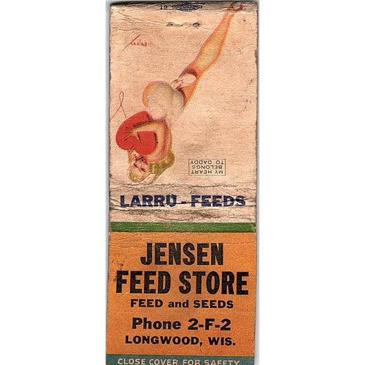 Jensen Feed Store Longwood WI Pinup Vintage Matchbook Cover SC7-Y5