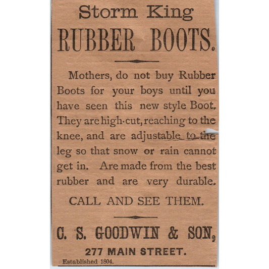 C.S. Goodwin & Son Storm King Rubber Boots 1886 Hartford CT Victorian Ad AB8-HT1