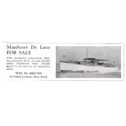 Wm. M. Burns Matthews De Luxe Yacht for Sale New York 1932 Ad AG2-M20