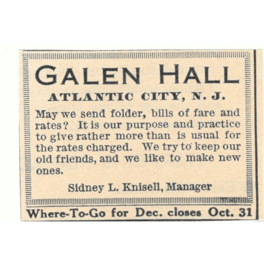 Galen Hall Atlantic City NJ Sidney L. Knisell 1924 Magazine Ad AD8-O4