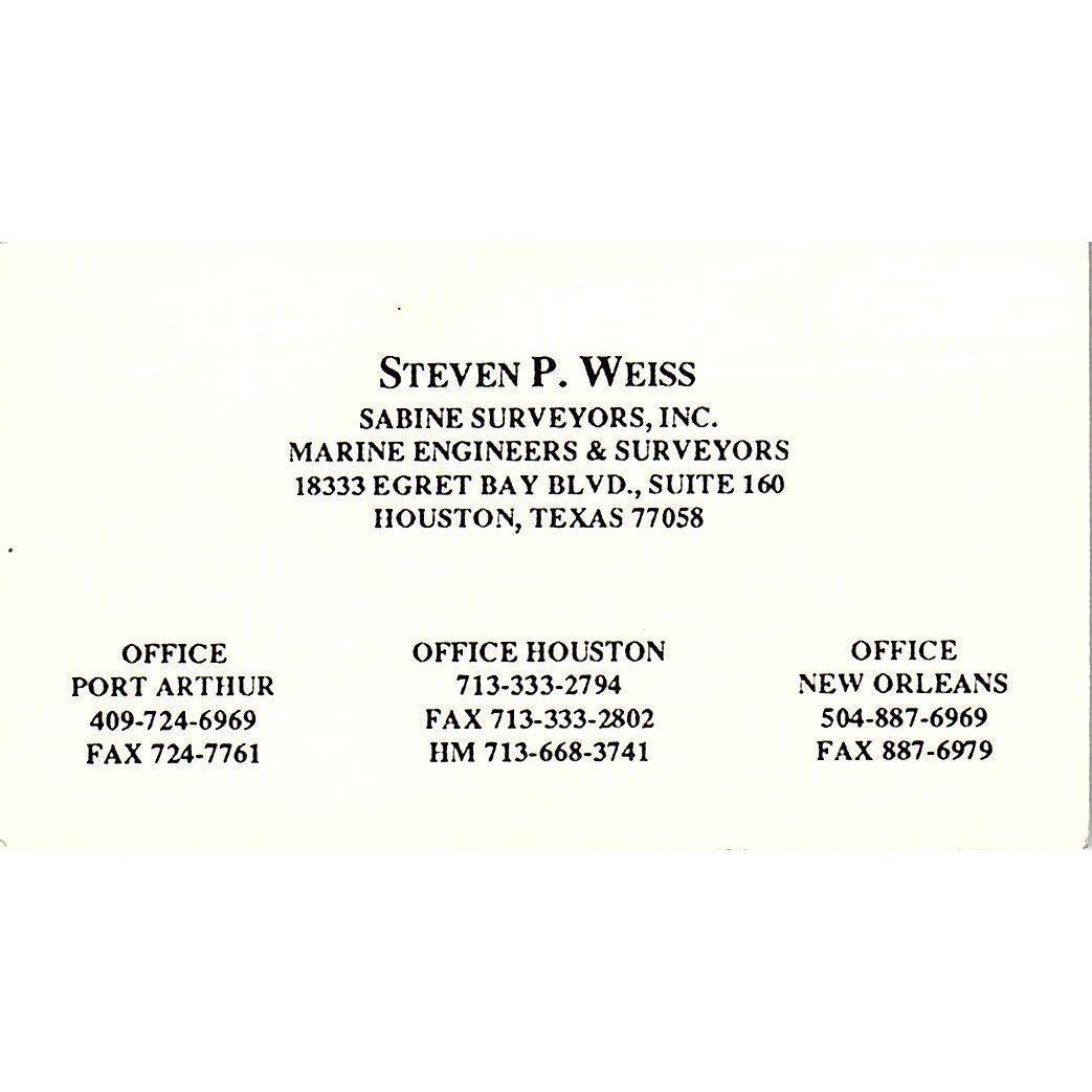 Steven P Weiss Sabine Surveyors Port Arthur Vintage Business Card SD9-B14