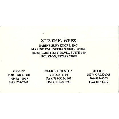 Steven P Weiss Sabine Surveyors Port Arthur Vintage Business Card SD9-B14