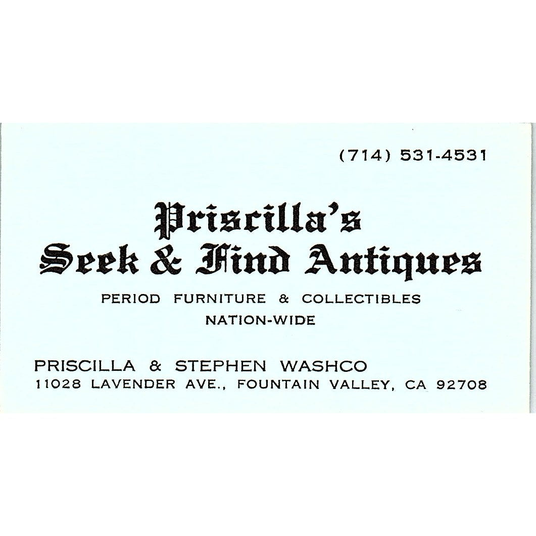 Priscilla Washco Seek & Find Antiques Fountain Valley Business Card SE3-B16