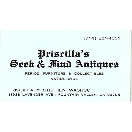 Priscilla Washco Seek & Find Antiques Fountain Valley Business Card SE3-B16