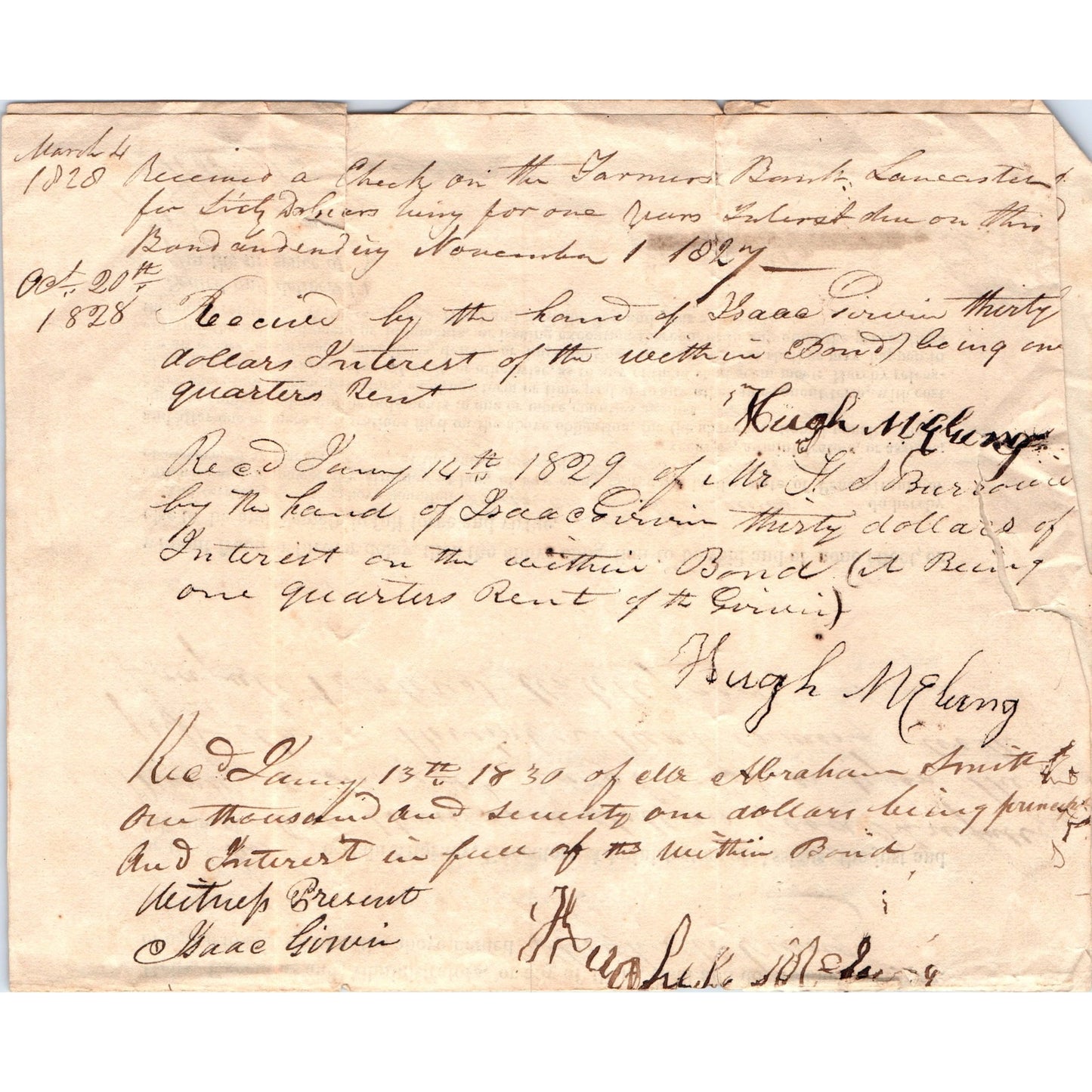 1827 Legal Agreement Strasburg PA J. Francis J, Bunawes Hugh McLung D23