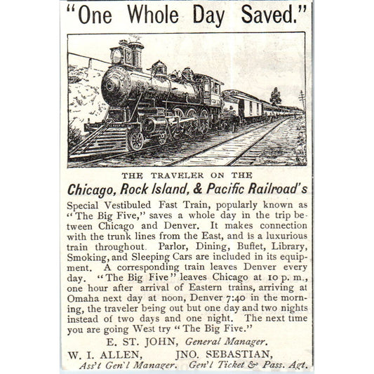 Chicago Rock Island and Pacific Railroad One Whole Day Saved c1890 Ad AE8-CH5