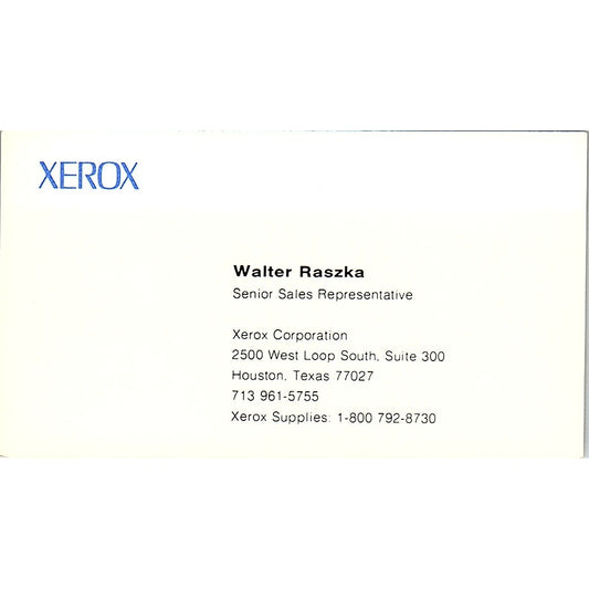 Xerox Corporation Waiter Raszka Houston Texas Vintage Business Card SB4-B10