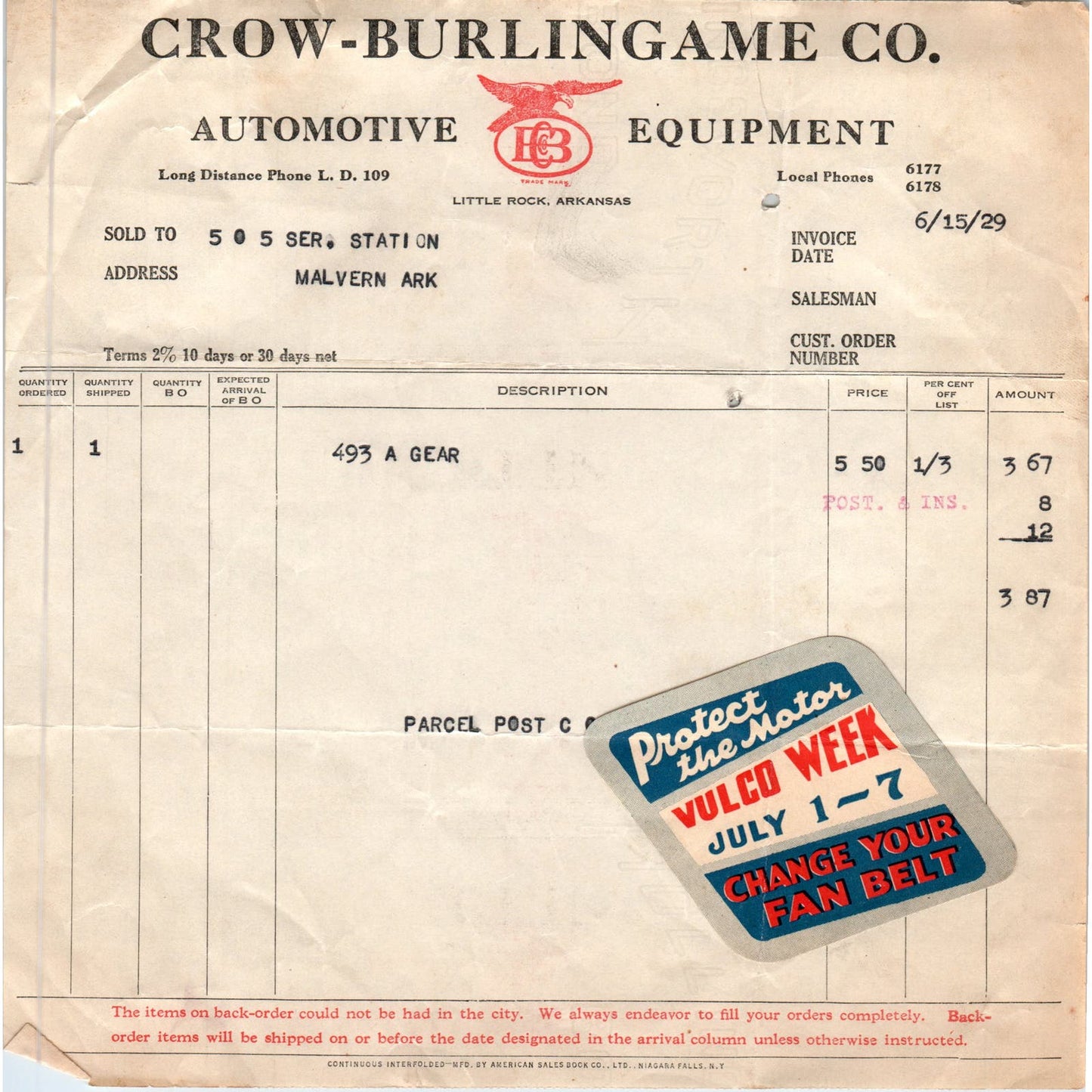 1929 Crow-Burlingame Co. Automotive Equipment Invoice Vulco Fan Belt Sticker AE4