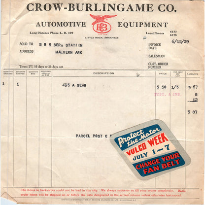 1929 Crow-Burlingame Co. Automotive Equipment Invoice Vulco Fan Belt Sticker AE4