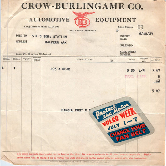 1929 Crow-Burlingame Co. Automotive Equipment Invoice Vulco Fan Belt Sticker AE4
