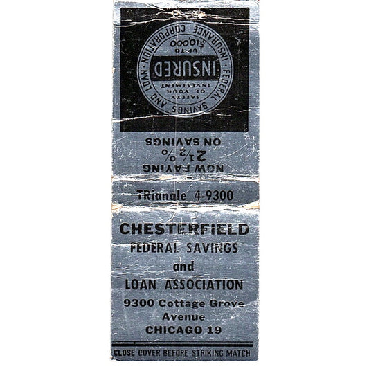 Chesterfield Savings and Loan Chicago Vintage Matchbook Cover SC7-Y2