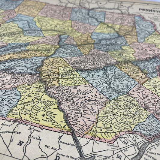 1899 Map of Pennsylvania Fold Out Original Tinted Map Engraving FL6-8