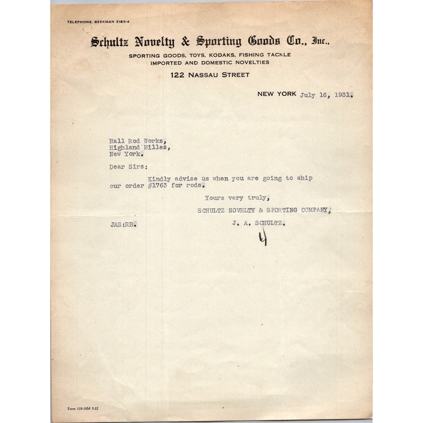 1931 Schultz Novelty & Sporting Goods Co Correspondence w/ Hall Rod Works C30