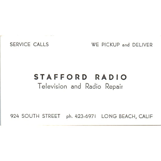 Stafford Radio Television & Radio Repair Long Beach Vintage Business Card SD4-B3