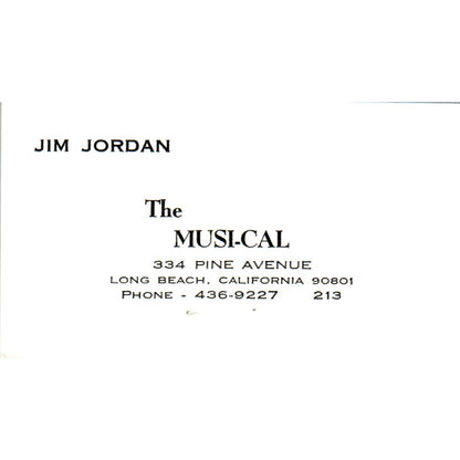 The Musi-Cal Jim Jordan Long Beach CA Vintage Business Card SD8-B20