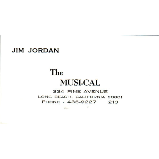 The Musi-Cal Jim Jordan Long Beach CA Vintage Business Card SD8-B20