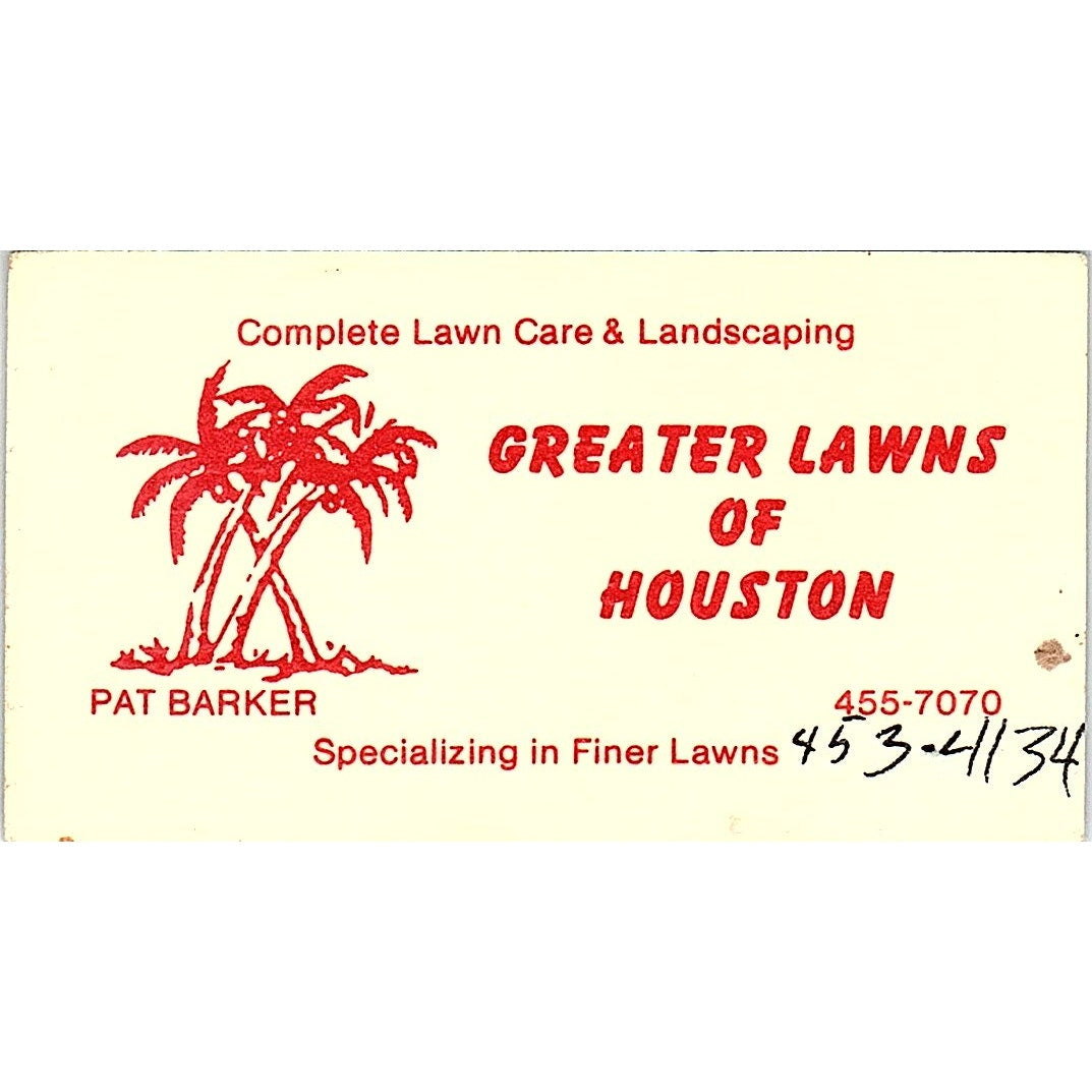 Greater Lawns of Houston Pat Barker Houston TX Vintage Business Card SSB4-B13