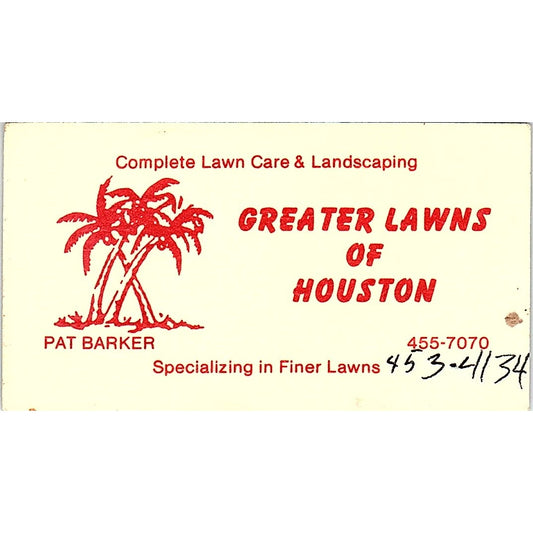 Greater Lawns of Houston Pat Barker Houston TX Vintage Business Card SSB4-B13