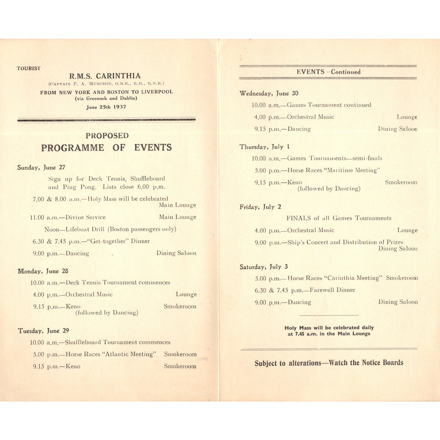 1937 Cunard White Star R.M.S. Carinthia Program of Events AD8-R3