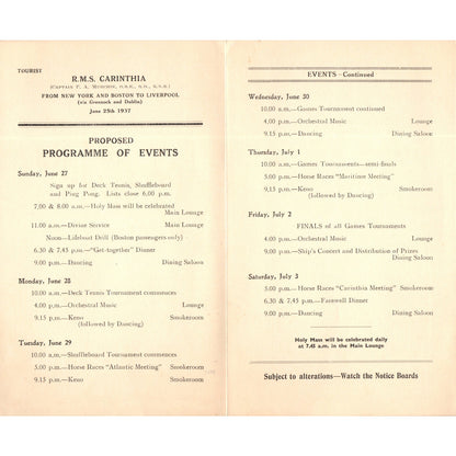 1937 Cunard White Star R.M.S. Carinthia Program of Events AD8-R3